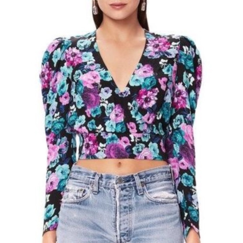 AFRM Black Floral Print Long Sleeve Crop Top Size Small